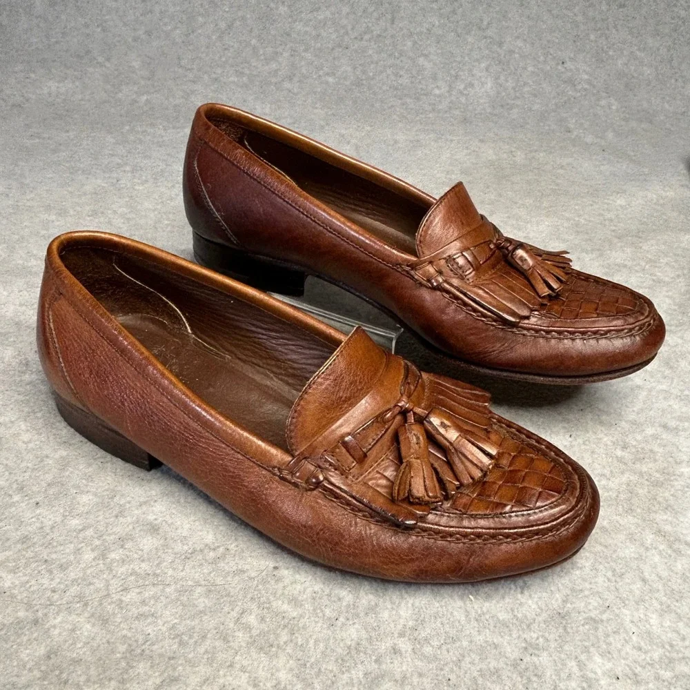 Florsheim Mens Brown Leather Tassel Weave Loafer Shoes 7.5 D Heritage Preppy 90s